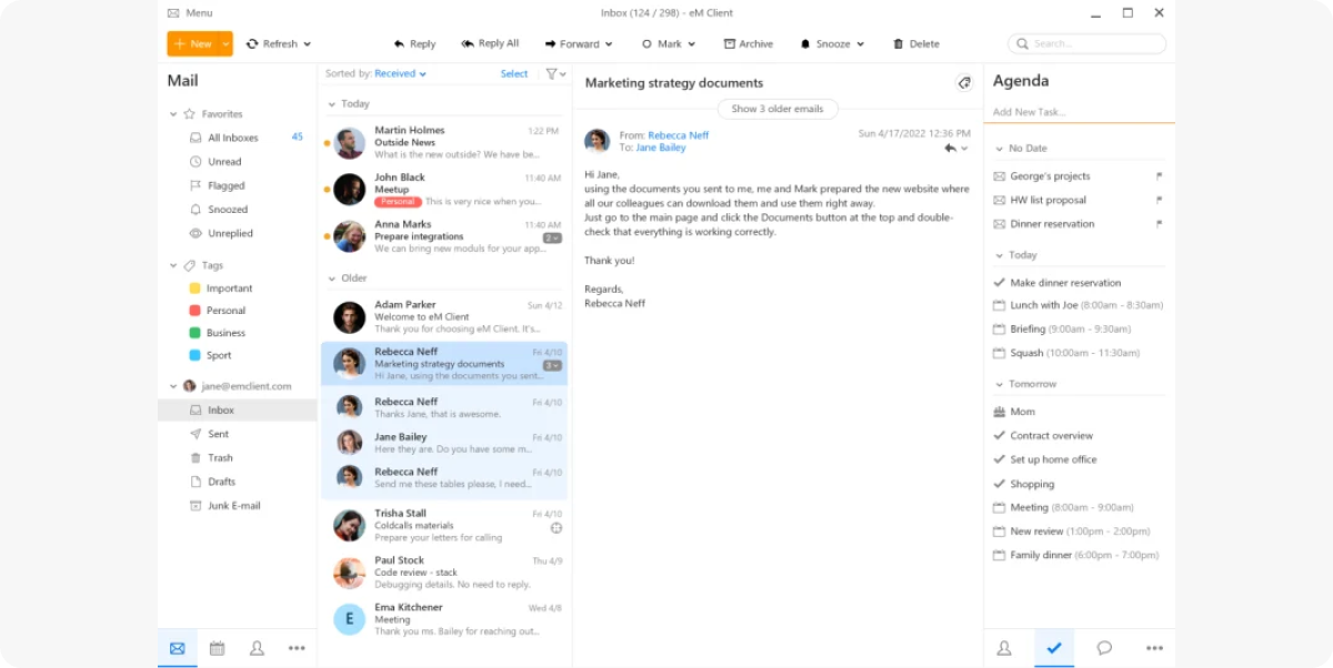 Интерфейс удобного почтового клиента eM Client