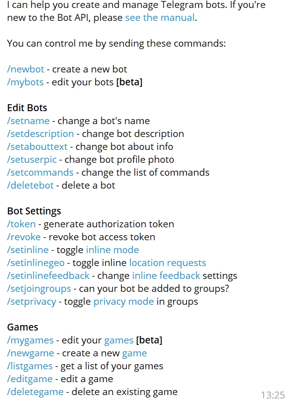 Так выглядит полный список команд для настройки чат-бота в BotFather