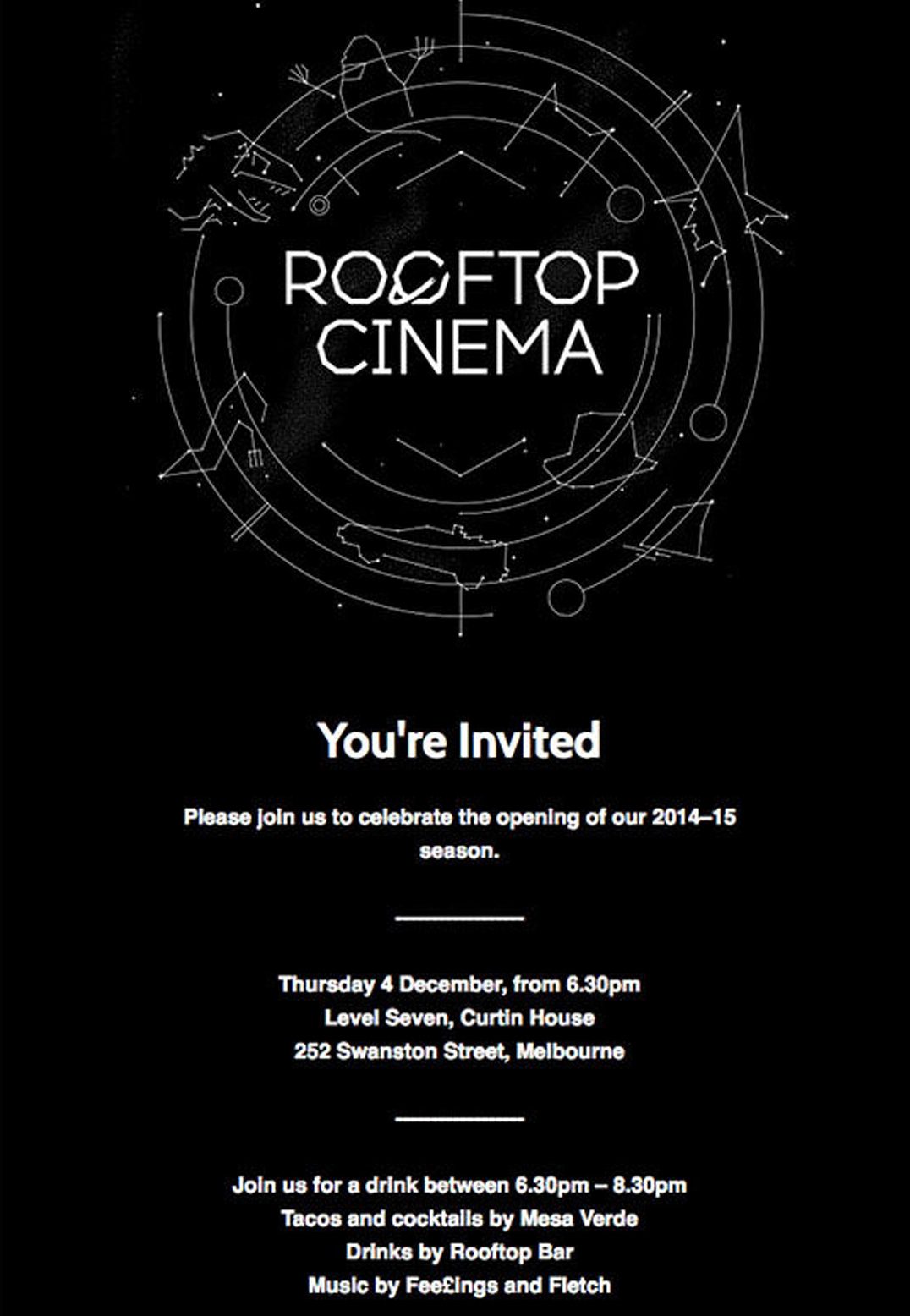 Стильное и простое письмо Rooftop Cinema. Черный цвет в сочетании с абстрактной графикой создает ощущение некой секретности. Источник: Campaign Monitor.