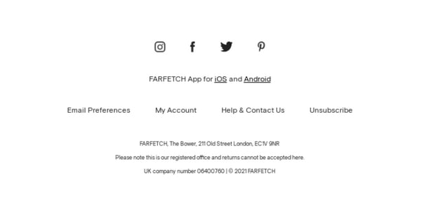 Письмо от Farfetch с уважением к конфиденциальности: есть ссылка для отказа от подписки, ссылку для управления настройками электронной почты, ссылка на на связь с поддержкой. Источник: designmodo.com