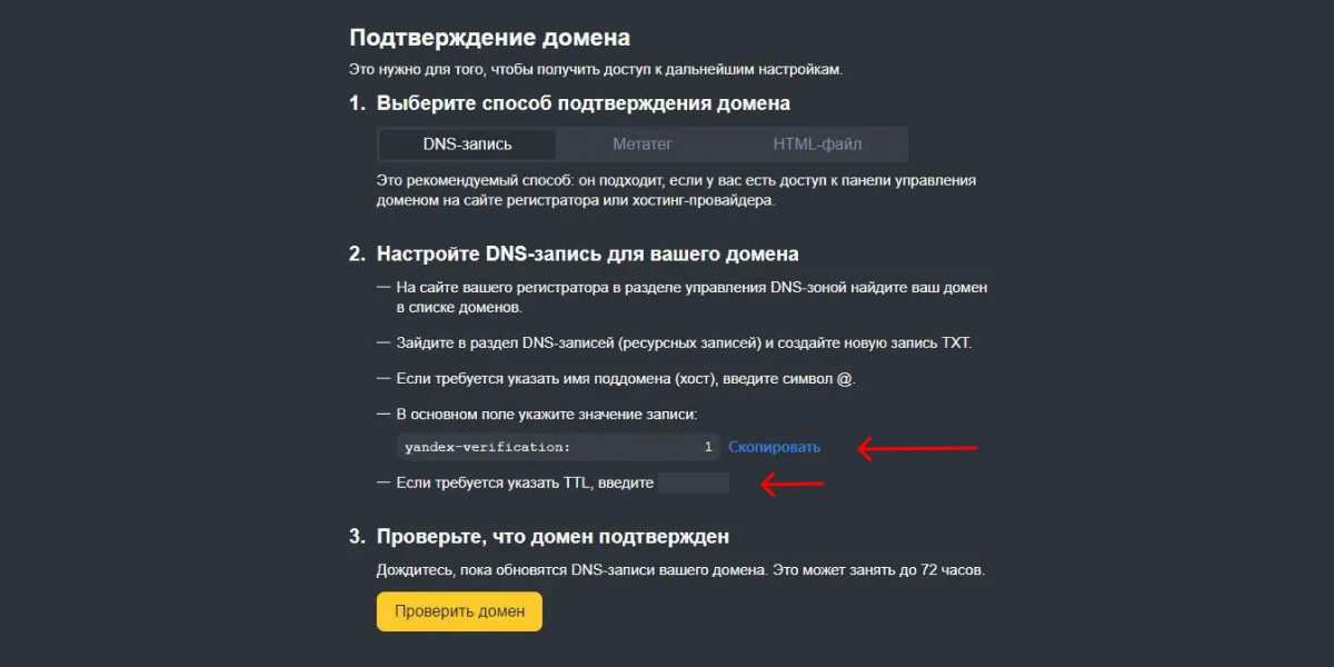 Страница с данными для подтверждения домена в Яндекс 360