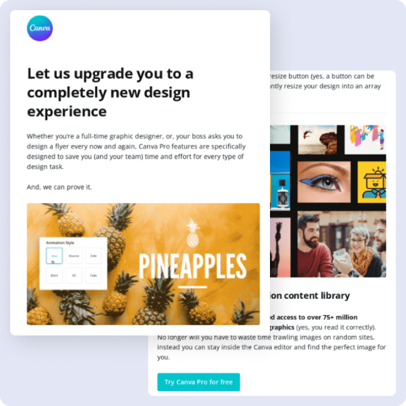 Пример письма от Canva с мотивацией бесплатно попробовать тариф Pro (источник reallygoodemails)