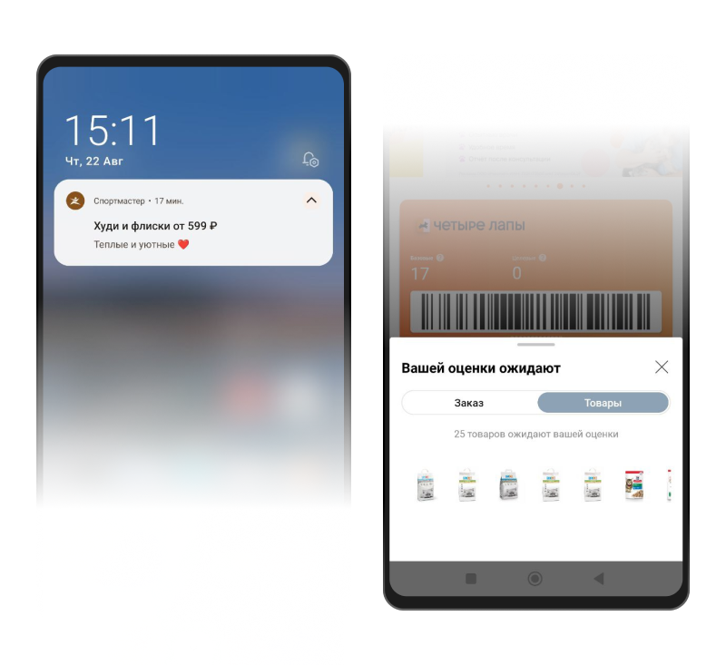 Слева мобильное пуш-уведомление — всплывает на главном экране смартфона, справа in-app уведомление — всплывает в самом мобильном приложении