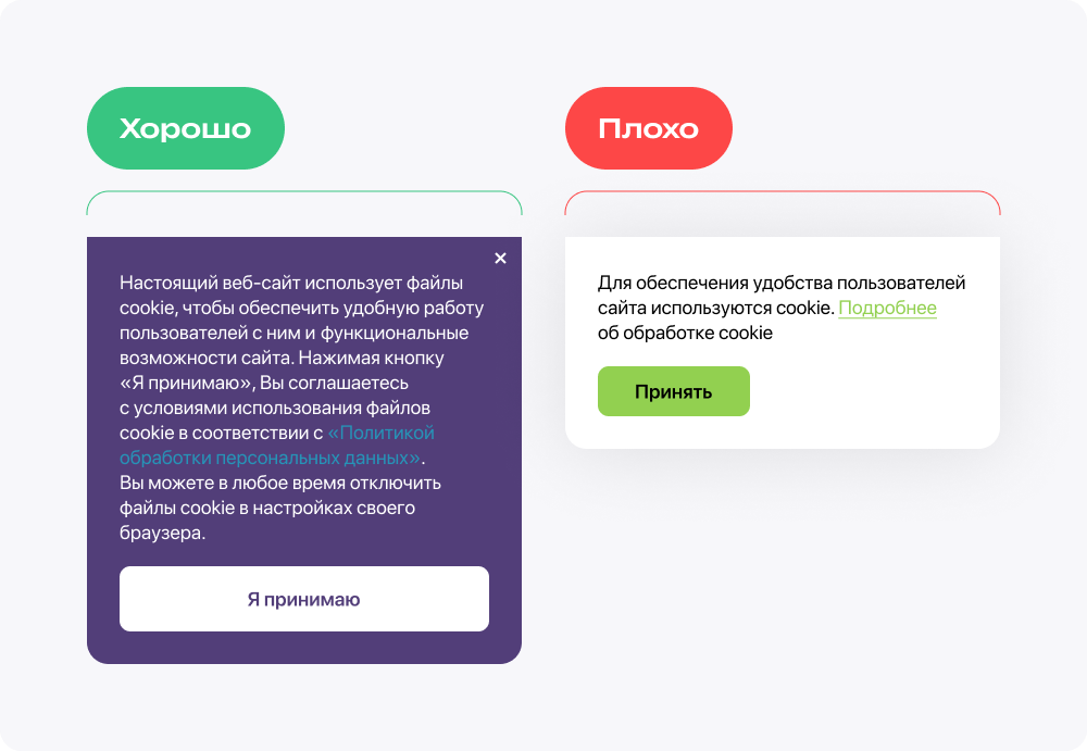 Слева — в баннере подробно прописано, для чего на сайте собирают файлы cookie. Справа просто уведомляют о факте их использования с расплывчатой формулировкой «для удобства пользователя»
