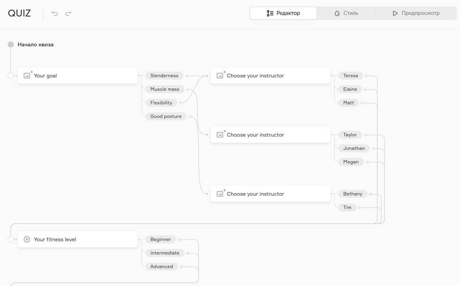 Фишка Flexbe — интерактивные формы для опросов (квизы). Логика вопросов зависит от ответов человека. Это позволяет собрать больше полезной информации о посетителях.
