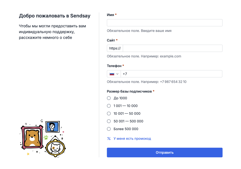 Анкета при регистрации в CDP Sendsay