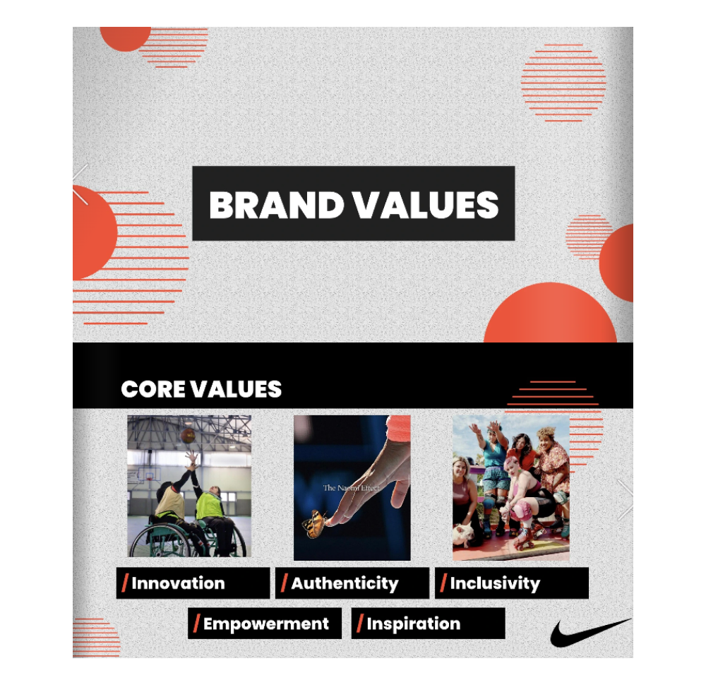 Ключевые ценности компании Nike отображены в брендбуке