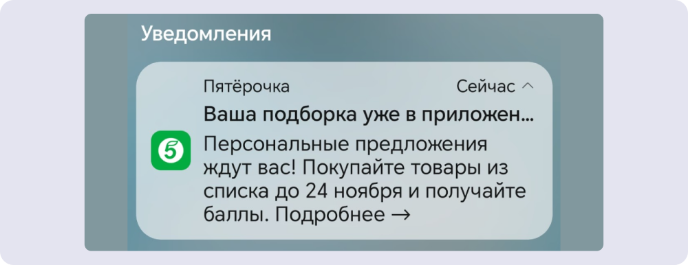 Пример push-уведомления с персональной подборкой от продуктового магазина