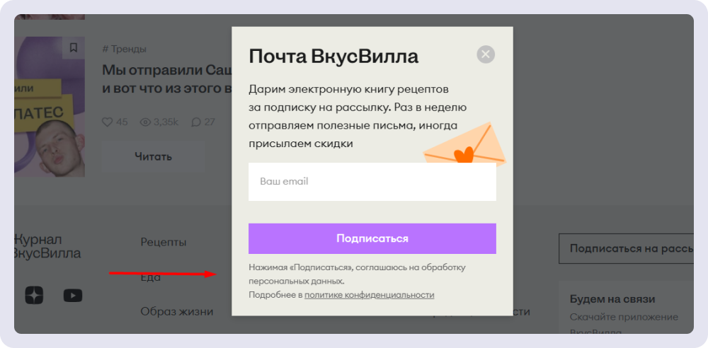 В блоге «ВкусВилла» форма подписки без чекбокса, но с текстовым пояснением