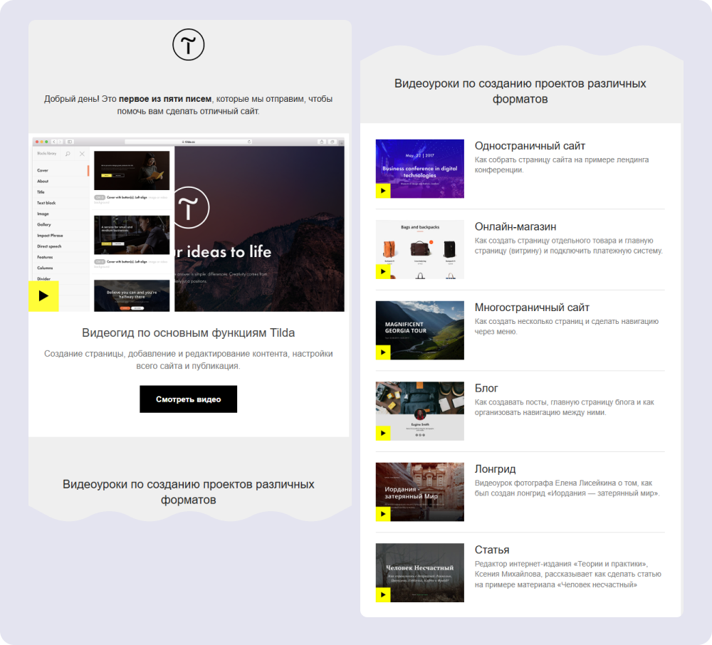 После регистрации на платформе Tilda пользователь получает письмо с видеогидом по основным функциям этого облачного конструктора сайтов. Сервис сразу сообщает, что обучающих писем будет пять — достаточно, чтобы разобраться и не потерять фокус