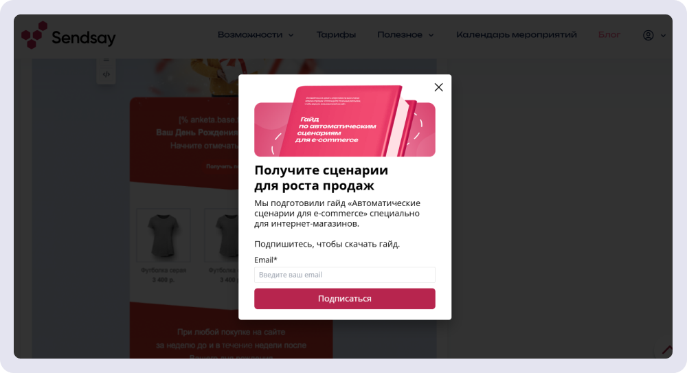 Sendsay предлагает оставить email, чтобы получить гайд
